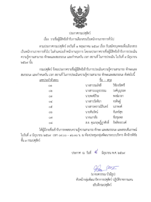 ประกาศรายชื่อ ผู้มีสิทธิเข้ารับการเลือกสรรเป็นพนักงานราชการทั่วไป ตำแหน่ง "เจ้าพนักงานธุรการ กลุ่มงานบริการ " 1 อัตรา